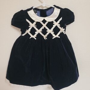 Vintage Jenny Annie Dots Navy Velvet Baby Dress with White Accents